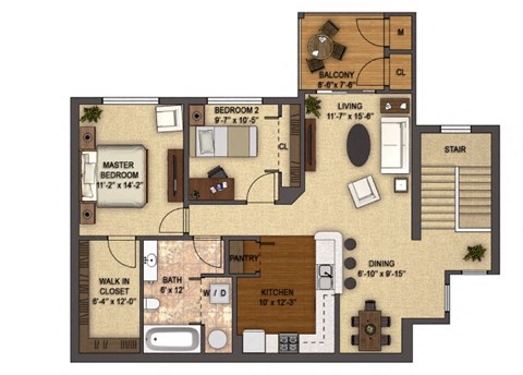 Floor plan for 2 beds, 1 bath, 1164 sqft